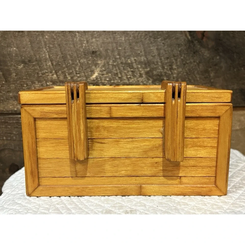 Hand Crafted Bamboo Wood Jewelry Keepsake Box Vintage Blue Inside